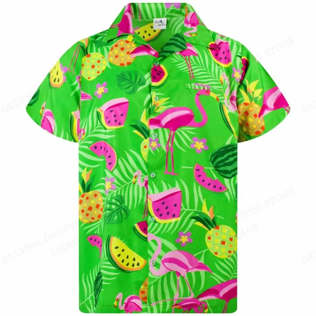 Nico - 3D flamingo bedrukt Hawai overhemd heren