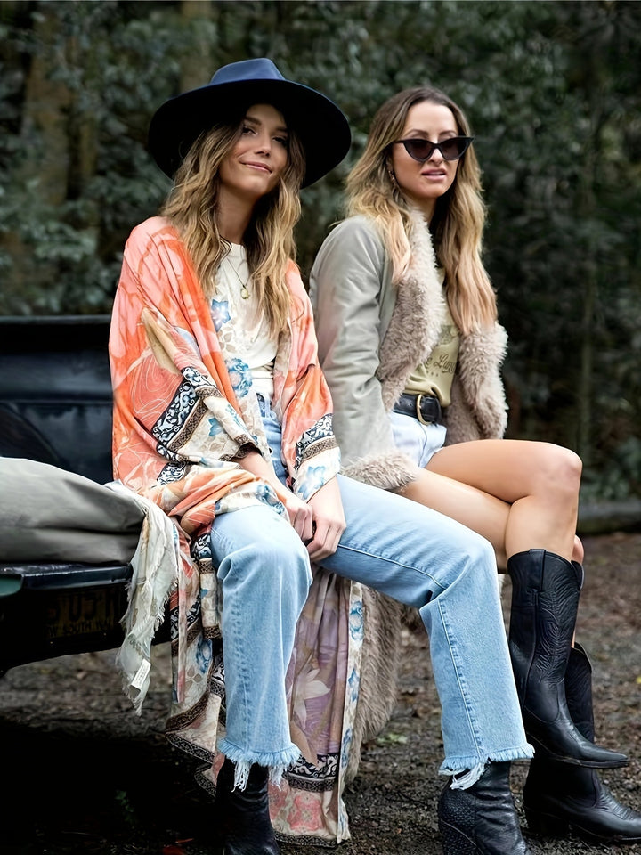 Lange kimono met bloemenprint dames - Barbara