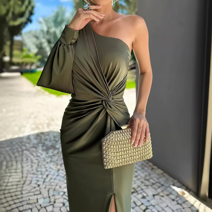 Women's Diagonal Shoulder Knot Split Solid Color Slim Fit Dress