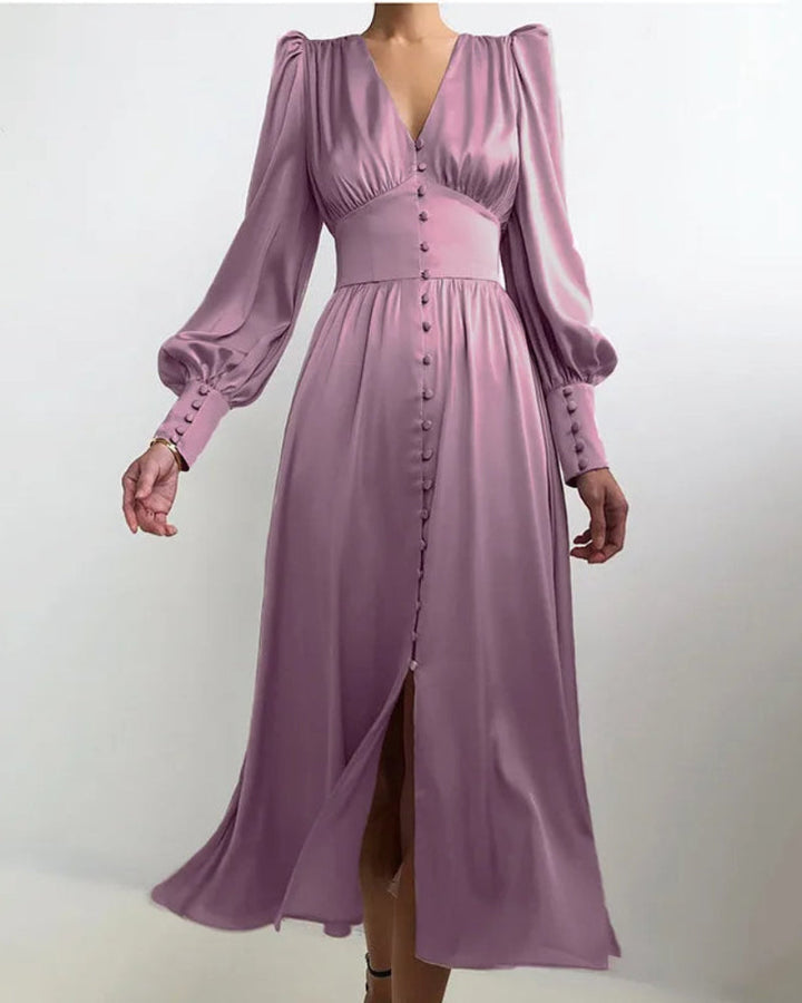 Elegante satijnen V-hals maxi-jurk voor dames Tijdloze elegantie met een moderne touch