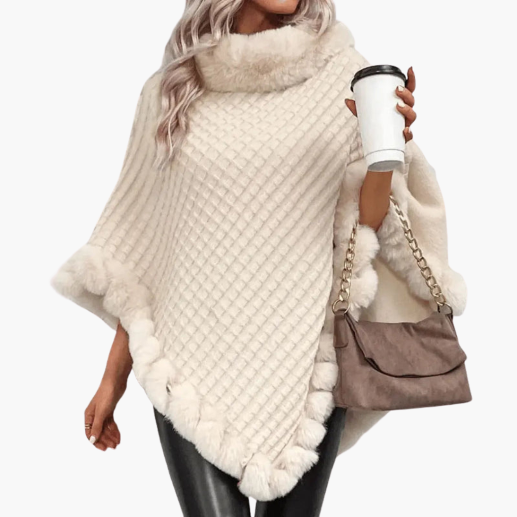 Vrouwen Gebreide Poncho met Nepbont Afwerking en Oversized Pasvorm