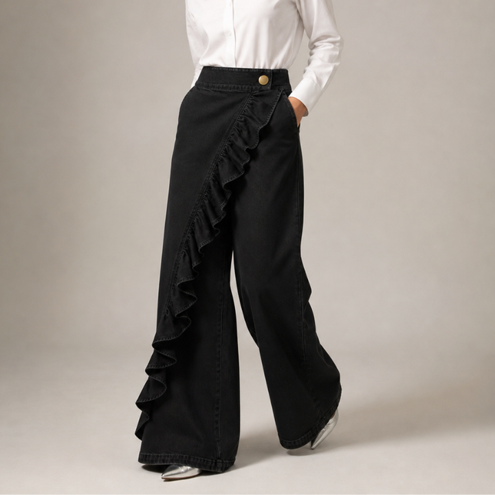 Dames wijde denimbroek met asymmetrische ruche, culotte-stijl