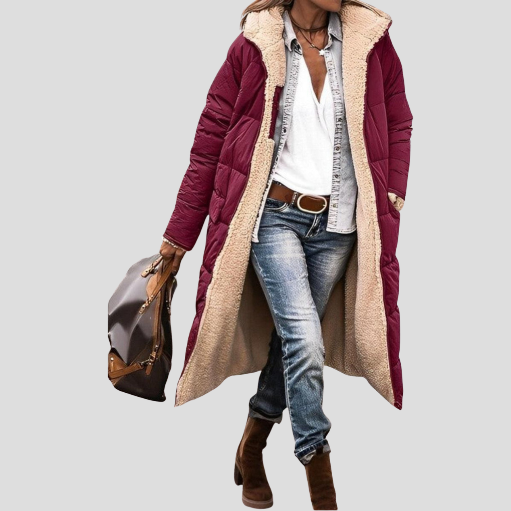 Lange omkeerbare winterjas voor dames - capuchon met teddyvoering