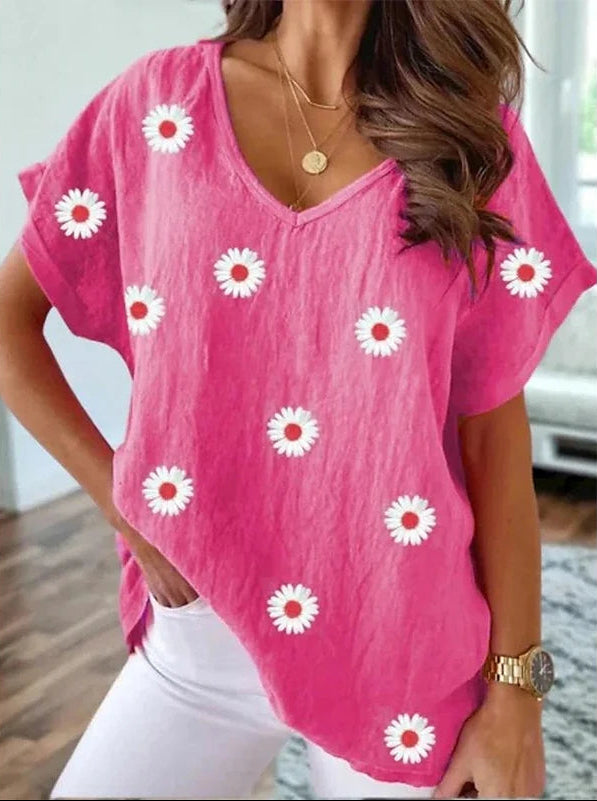 Ainara – Comfortabel V-Hals T-Shirt met 3D Bloemenprint