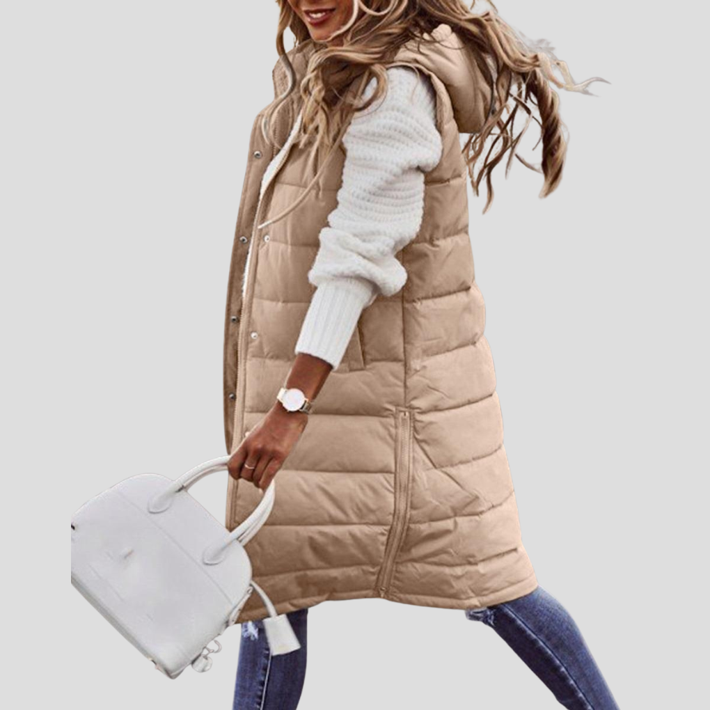 Lange bodywarmer met capuchon voor dames