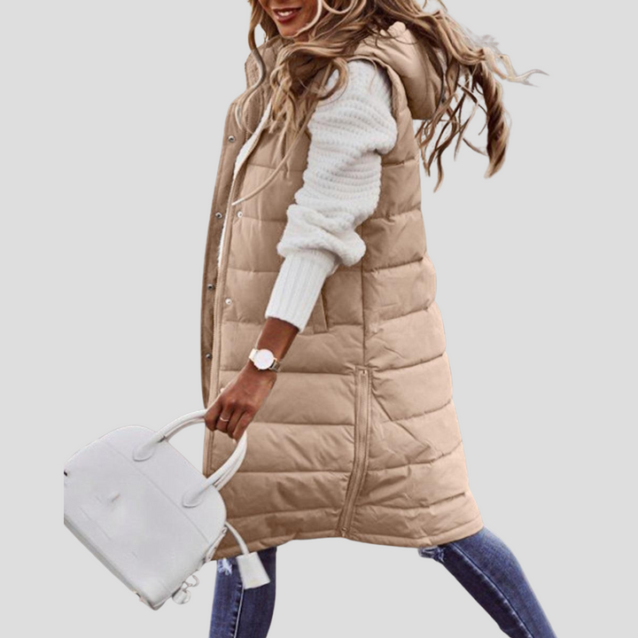 Lange bodywarmer met capuchon voor dames