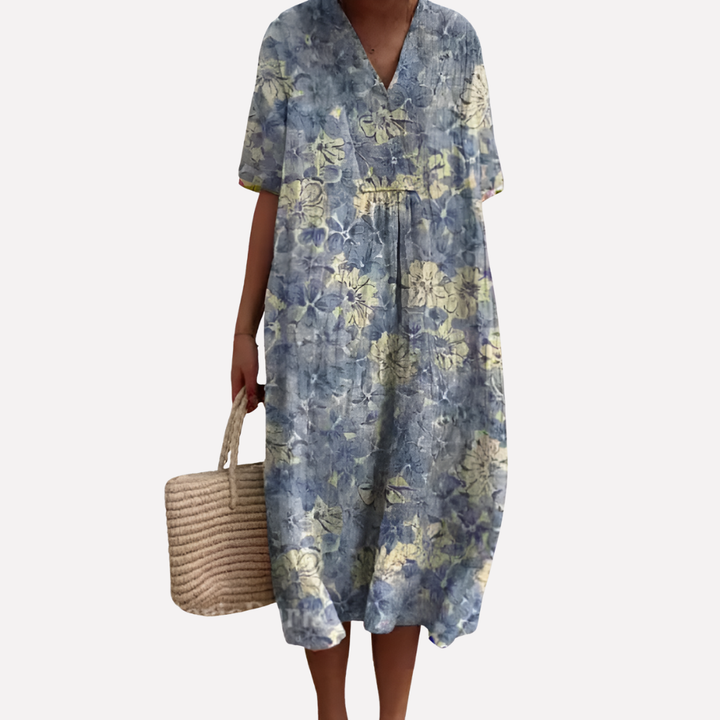 Dames Floral Zomerjurk – V-Hals & Korte Mouwen