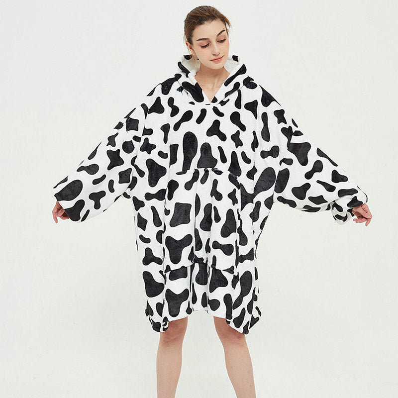 Draagbare deken hoodie met vrolijke print, dubbellaags flanel