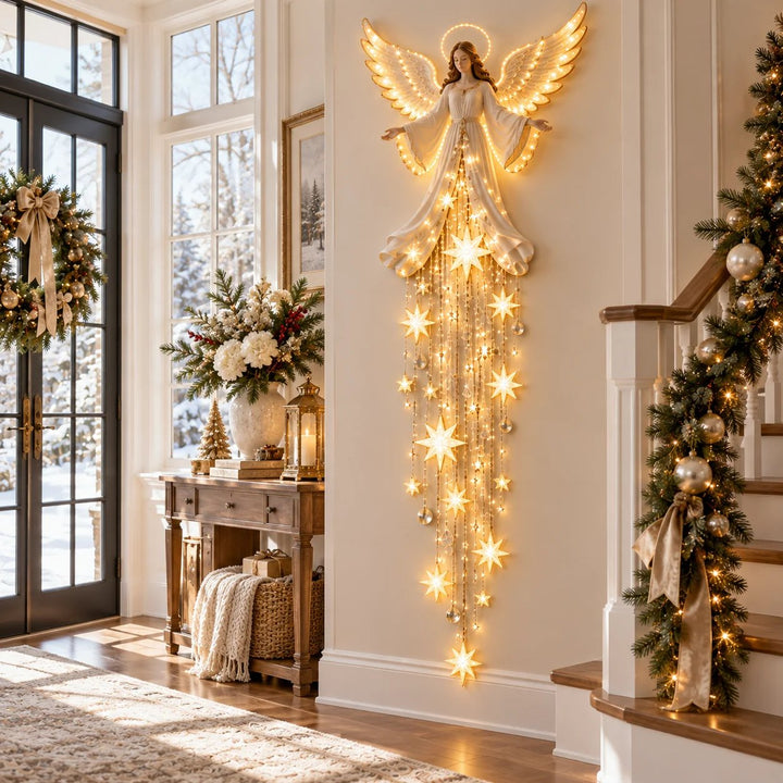 Kerstengel wandlamp met aureool en vallende sterren, warmwit