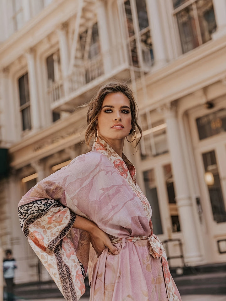 Lange kimono met bloemenprint dames - Barbara