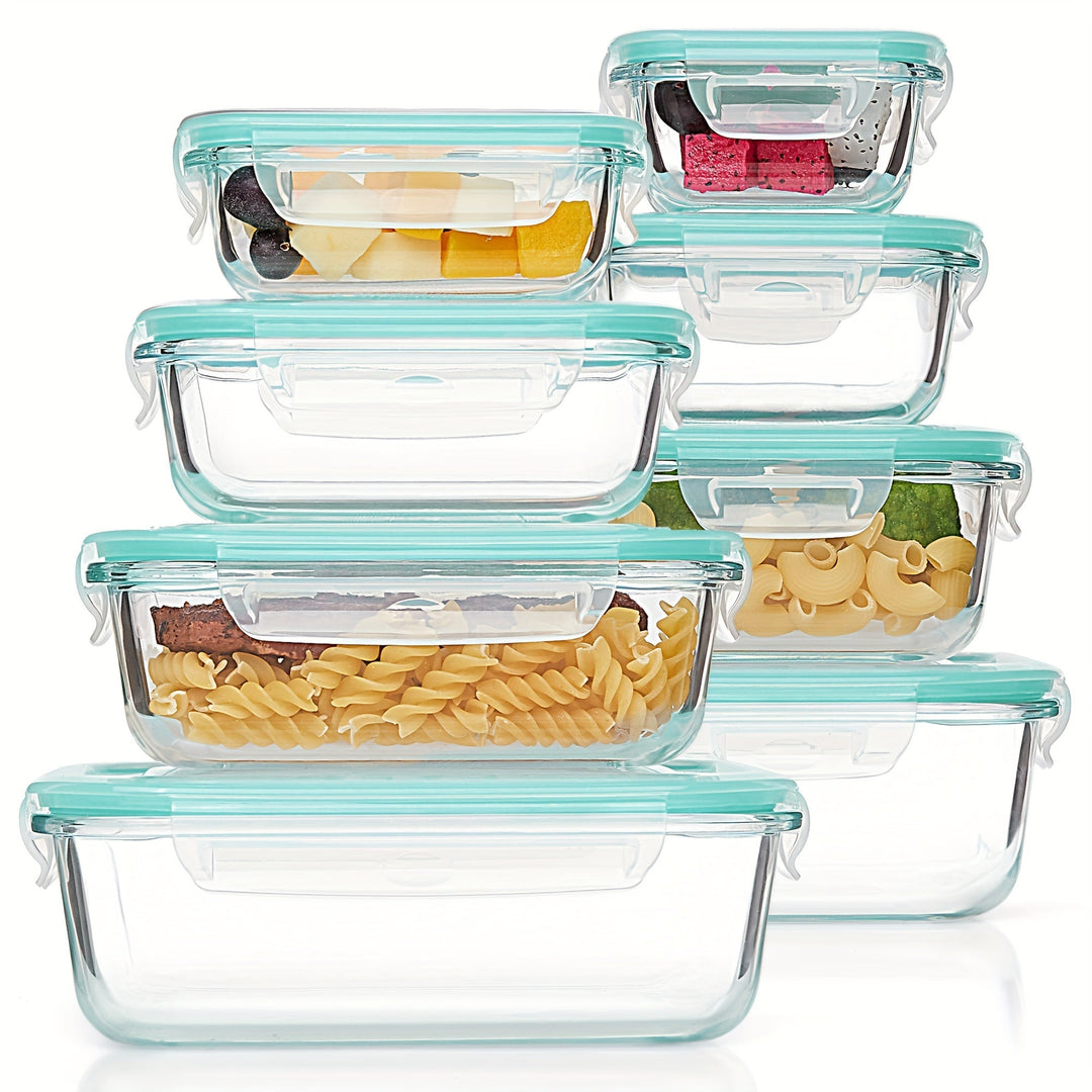 Set van 8 glazen voedselcontainers – Bento containers voor meal prep, luchtdicht, met lekvrije deksels, geschikt voor magnetron, oven, vriezer en vaatwasser, BPA-vrij