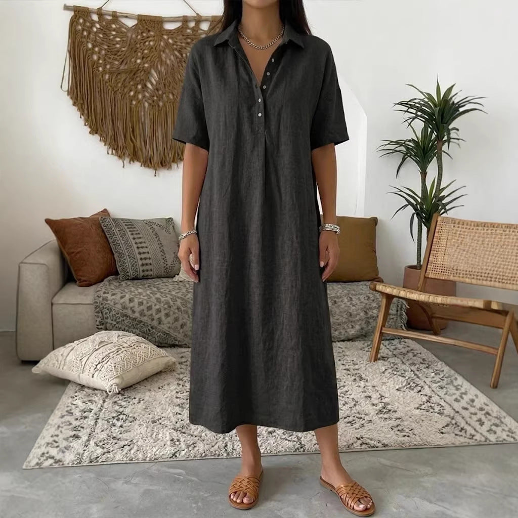 Straight-cut Comfortable Linen Short-sleeve Dress With A Polo Collar