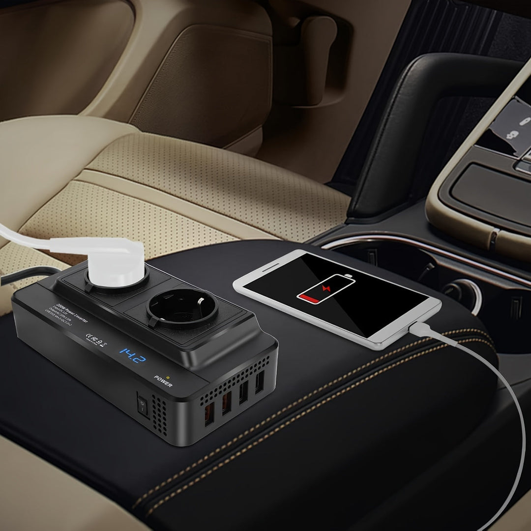 Compacte Auto-omvormer 200W – Dubbel Stopcontact & Vier USB-poorten