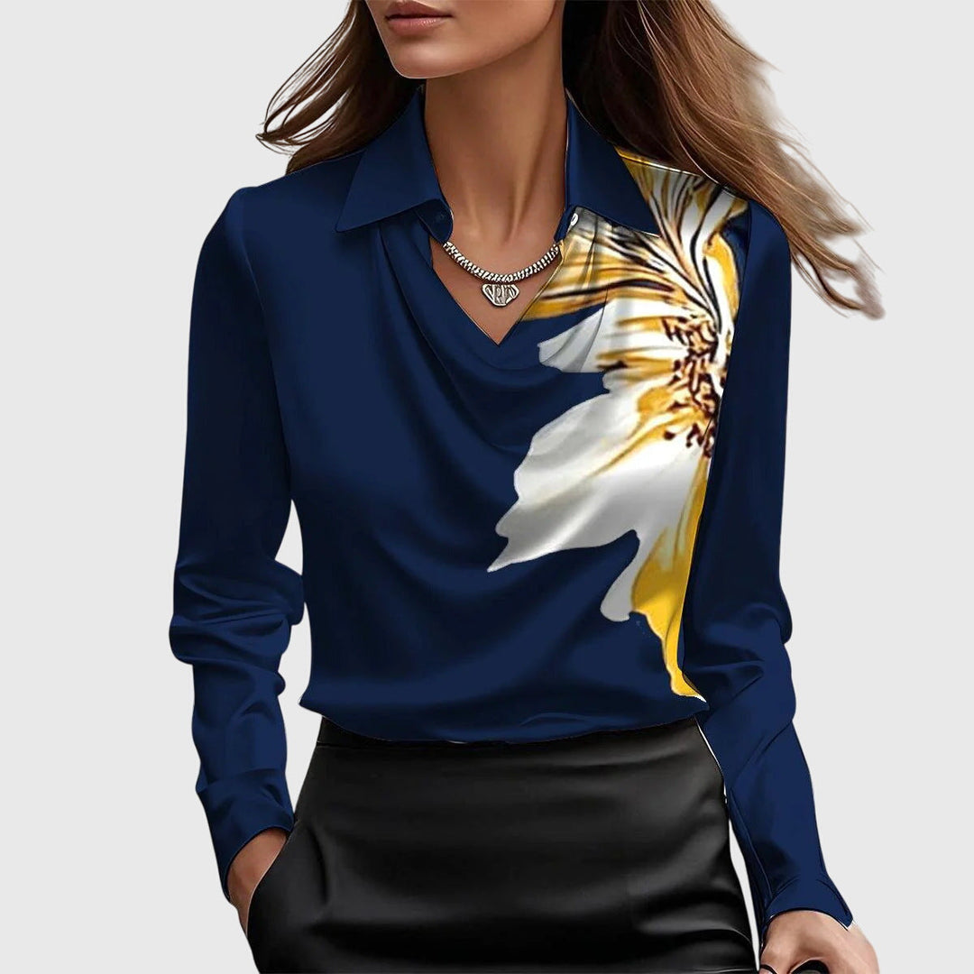 Satijnen blouse voor dames met watervalhals - Topje met lange mouwen en kraag voor werk en avond