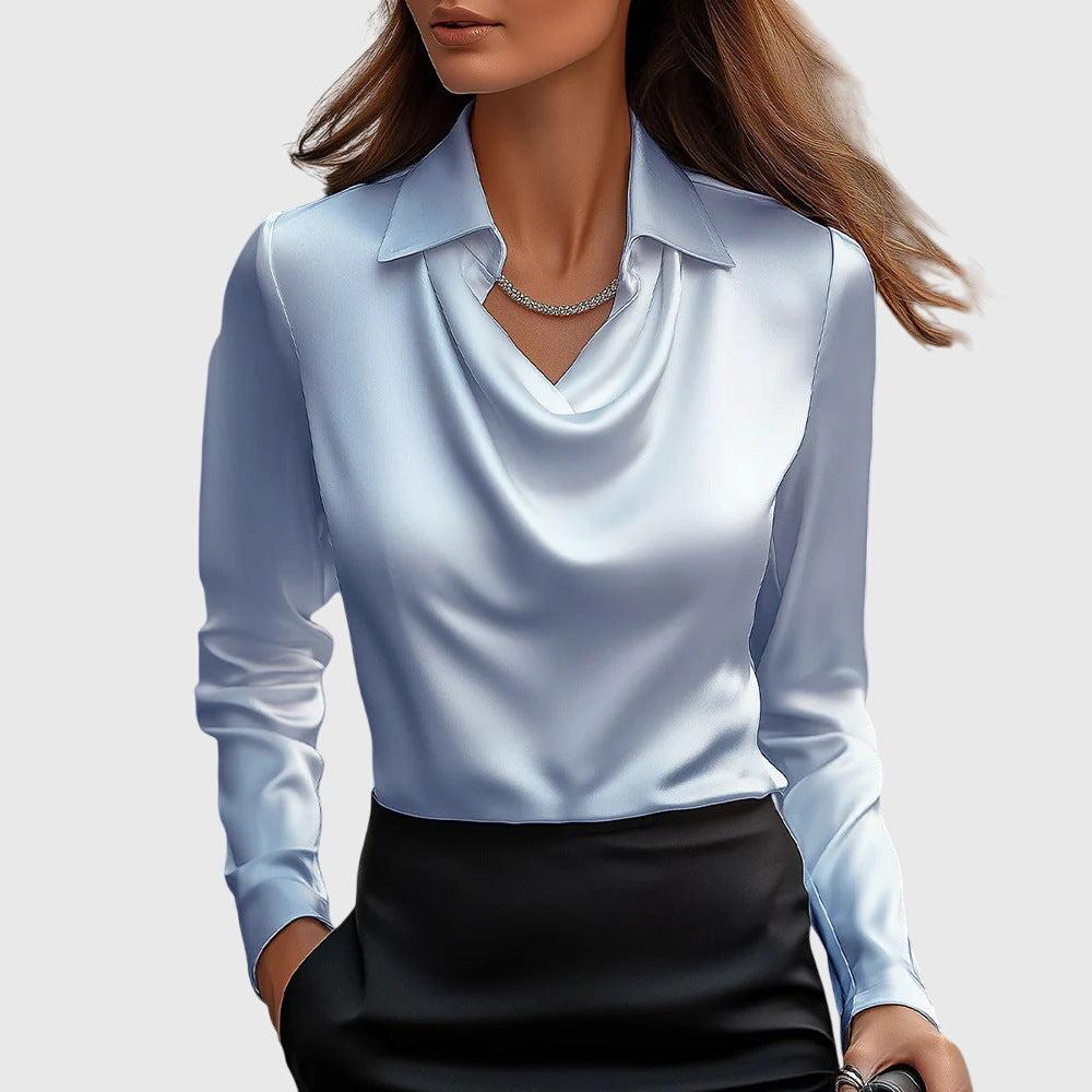 Satijnen blouse voor dames met watervalhals - Topje met lange mouwen en kraag voor werk en avond