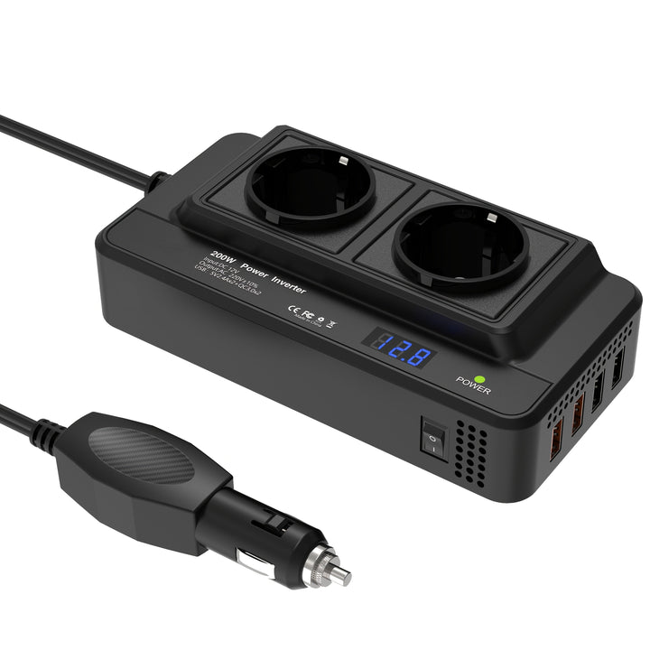 Compacte Auto-omvormer 200W – Dubbel Stopcontact & Vier USB-poorten
