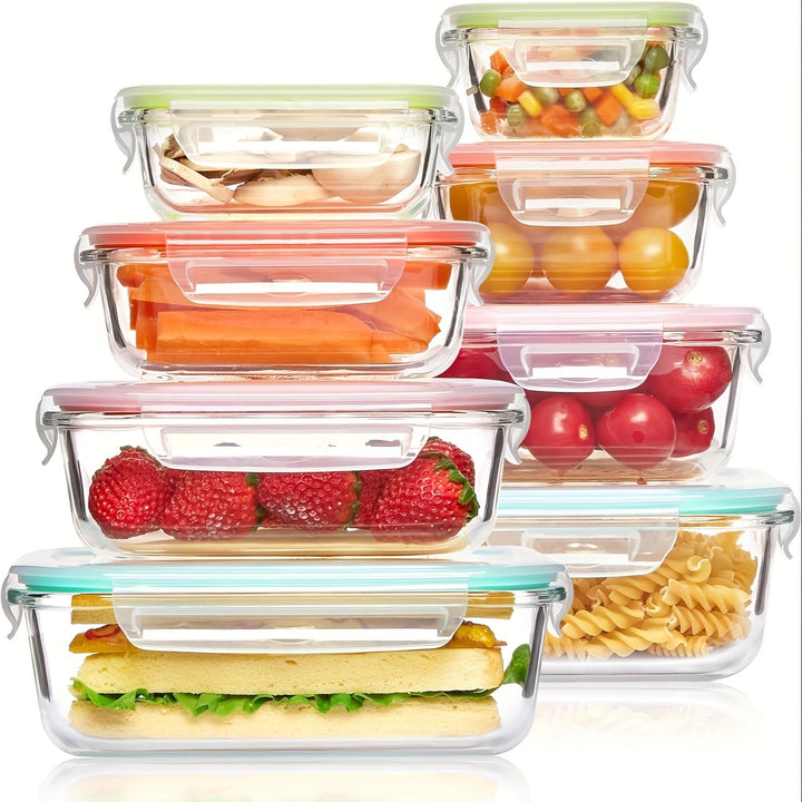 Set van 8 glazen voedselcontainers – Bento containers voor meal prep, luchtdicht, met lekvrije deksels, geschikt voor magnetron, oven, vriezer en vaatwasser, BPA-vrij