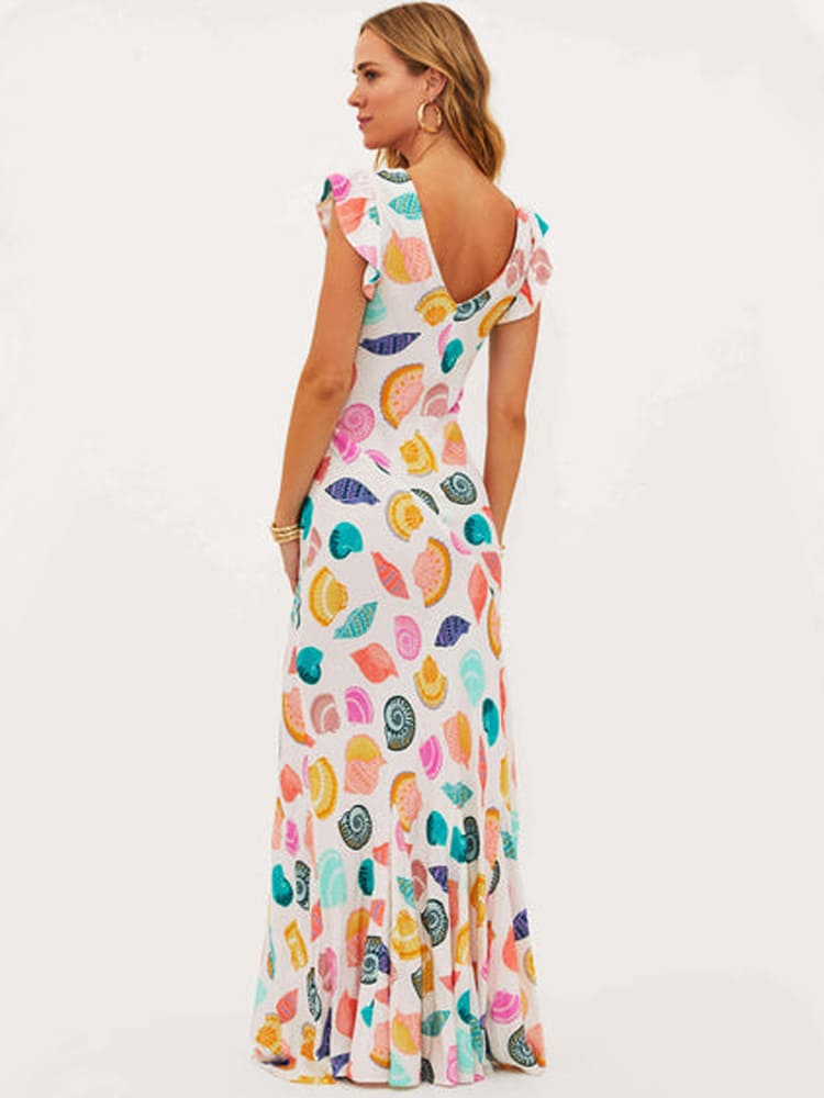 
                  
                    Sabrina - Vrolijke Maxi-Jurk met Diepe V-hals en Schelpenprint - SkinzLine
                  
                