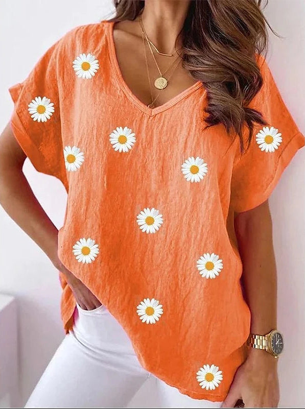 Ainara – Comfortabel V-Hals T-Shirt met 3D Bloemenprint