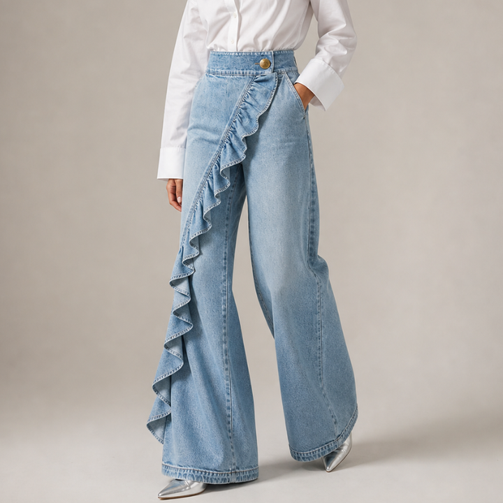 Dames wijde denimbroek met asymmetrische ruche, culotte-stijl