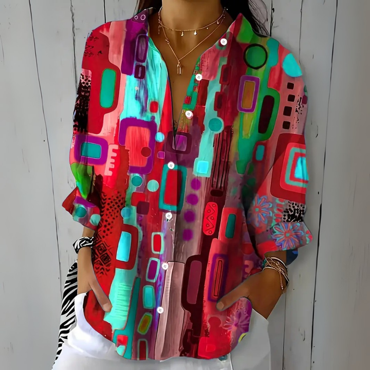 Damesblouse met kunstzinnig bedrukte knoopsluiting en losse pasvorm