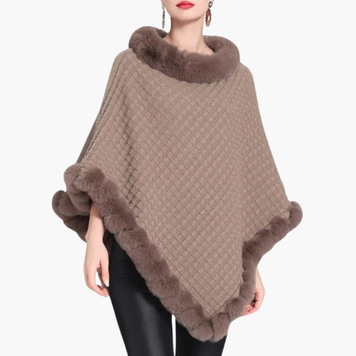 Vrouwen Gebreide Poncho met Nepbont Afwerking en Oversized Pasvorm