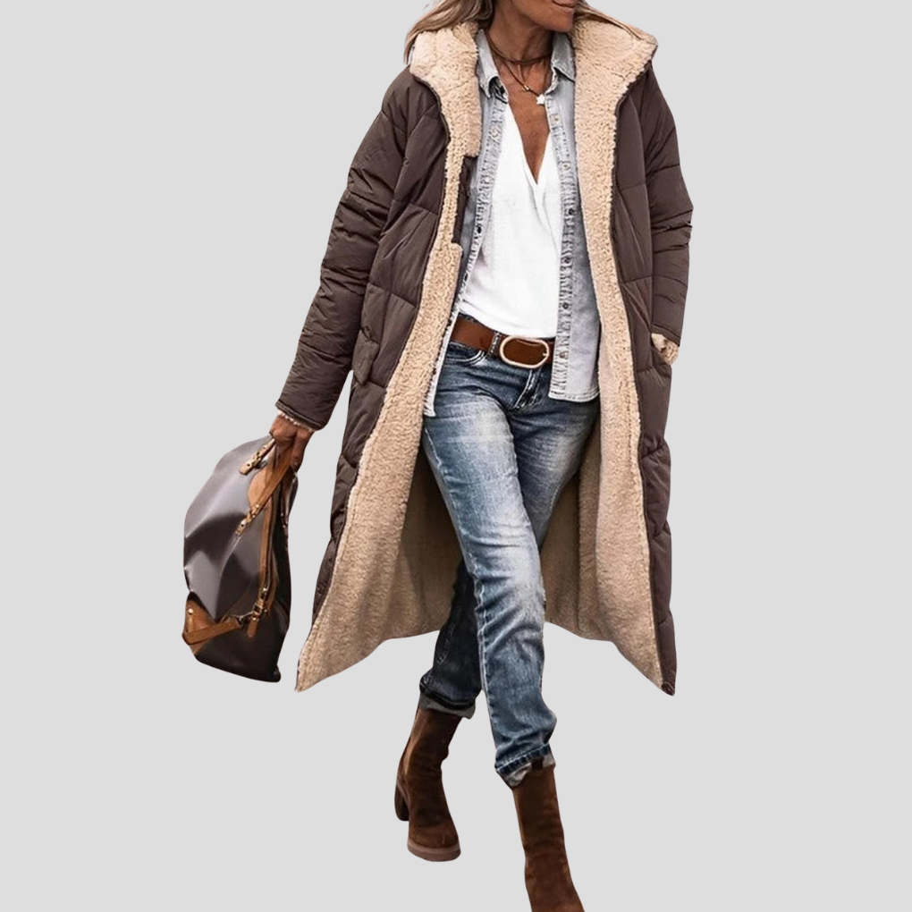 Lange omkeerbare winterjas voor dames - capuchon met teddyvoering