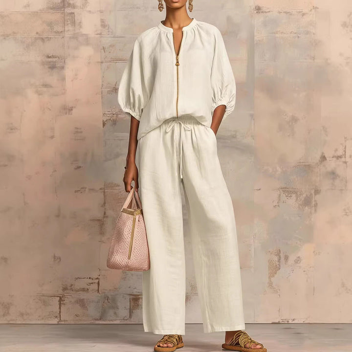 Casual Relaxed-fit Solid-color Zip-up Crew-neck Wide-leg Pants Set