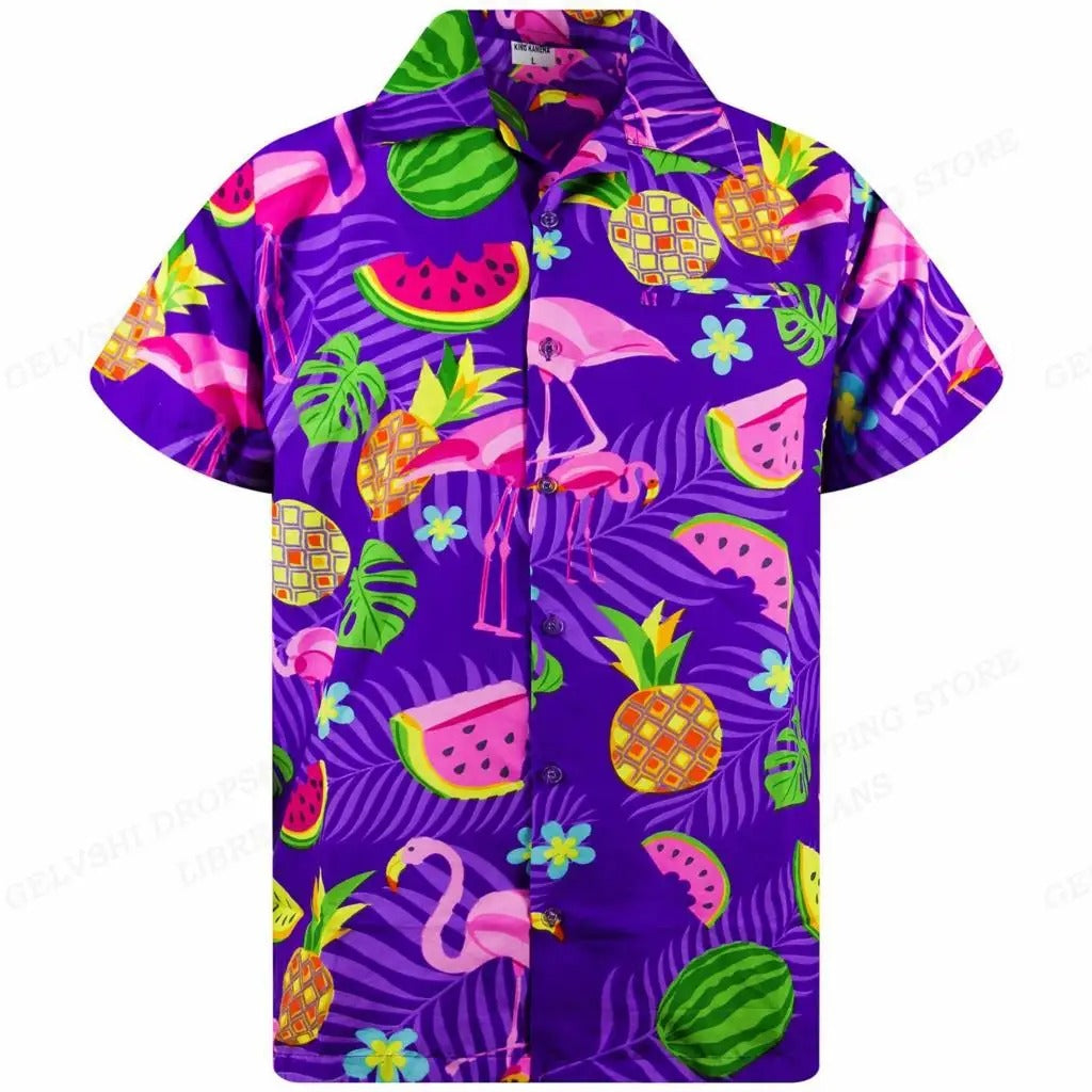 Nico - 3D flamingo bedrukt Hawai overhemd heren