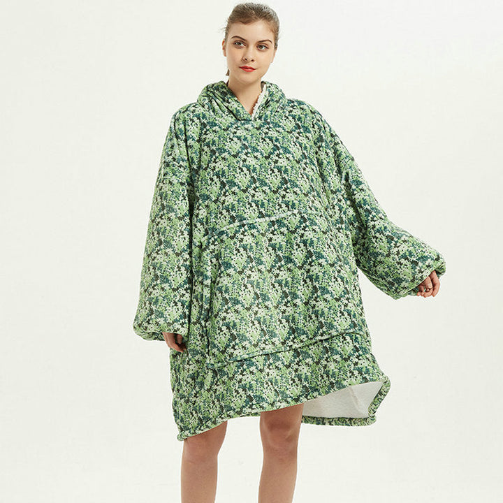 Draagbare deken hoodie met vrolijke print, dubbellaags flanel