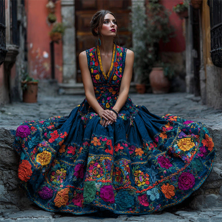 Mouwloze maxi-jurk met bloemenprint en V-hals voor feesten en bijzondere gelegenheden