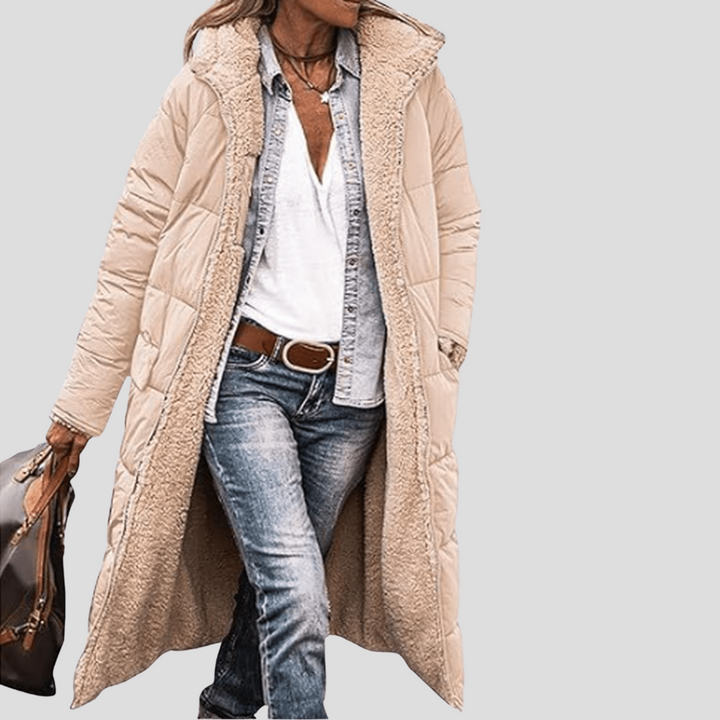 Lange omkeerbare winterjas voor dames - capuchon met teddyvoering