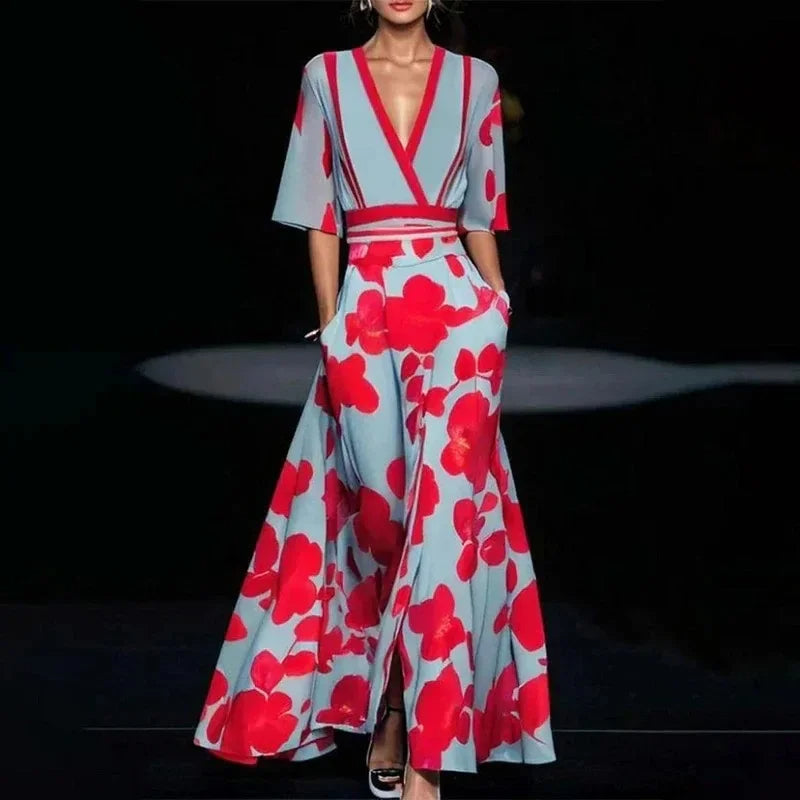 V-Hals Maxi Jurk met Print en Zakken