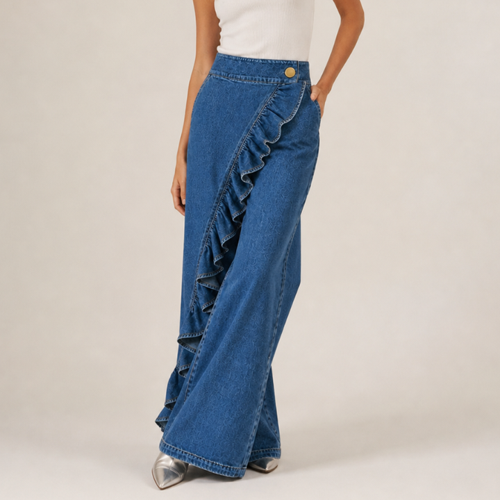 Dames wijde denimbroek met asymmetrische ruche, culotte-stijl