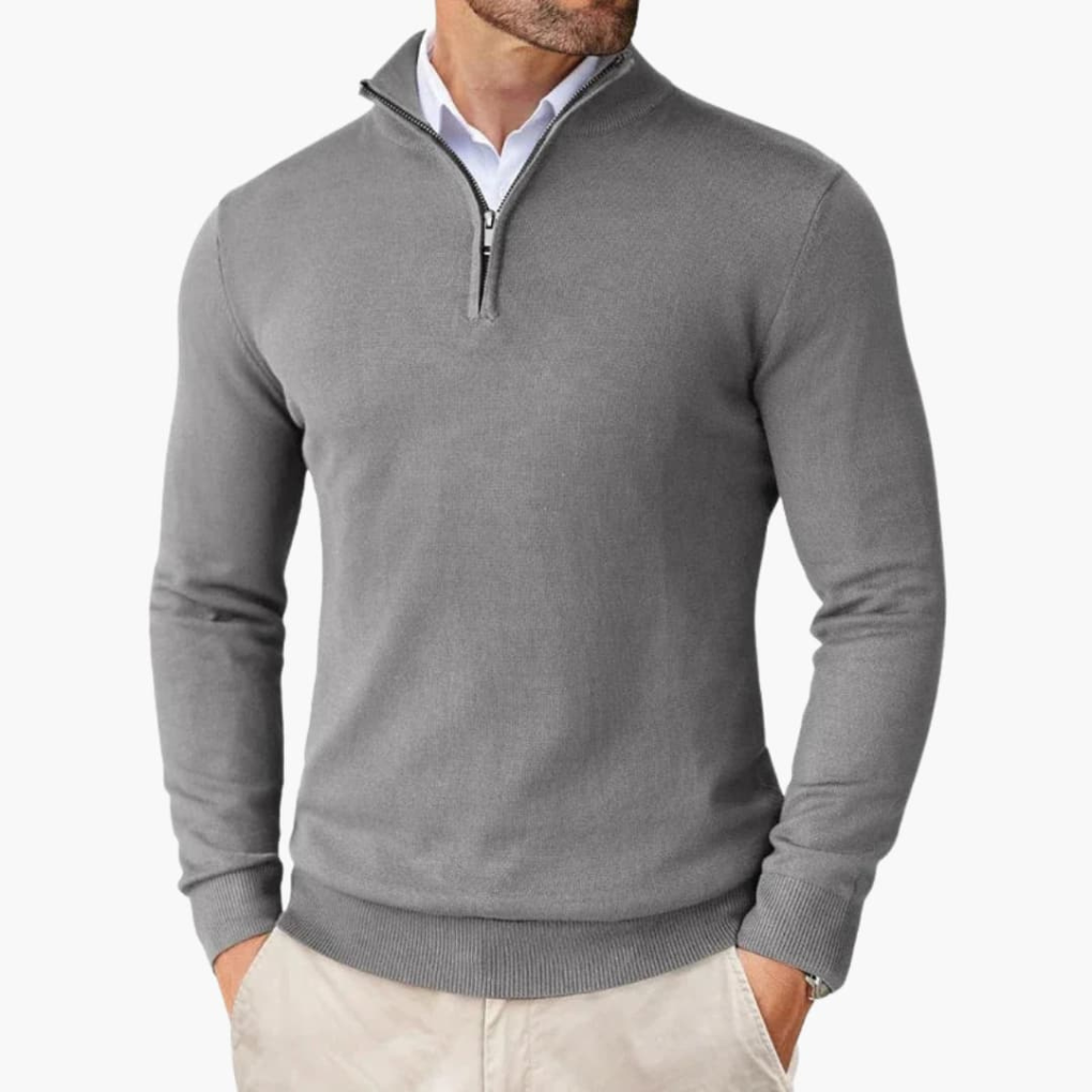 Heren Pullover met Kwart Rits en Geribbelde Zoom