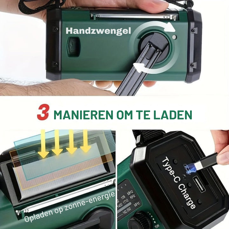 Noodradio met Handzwengel, Zonnepaneel en Powerbankfunctie