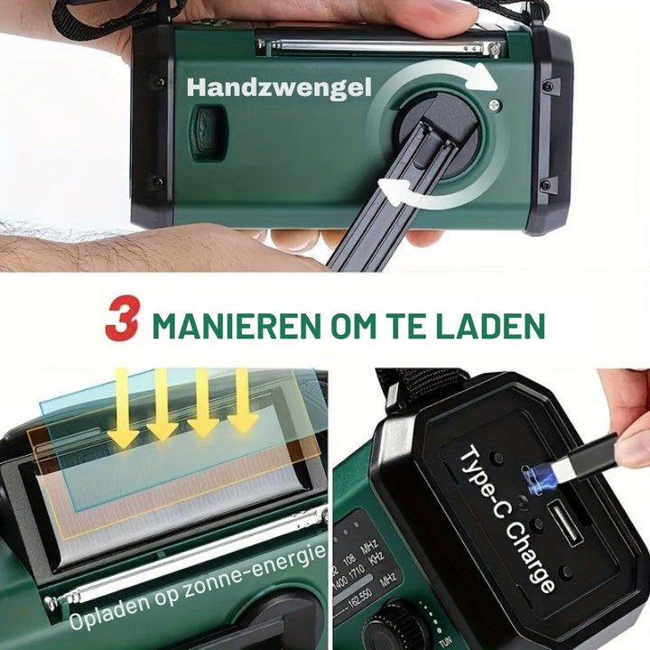 Noodradio met Handzwengel, Zonnepaneel en Powerbankfunctie