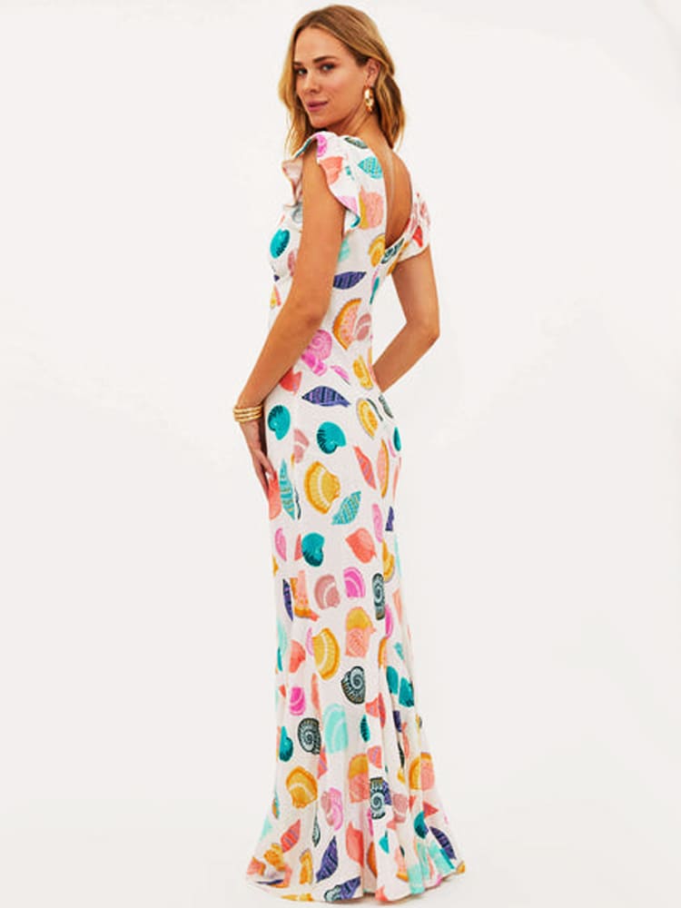 
                  
                    Sabrina - Vrolijke Maxi-Jurk met Diepe V-hals en Schelpenprint - SkinzLine
                  
                