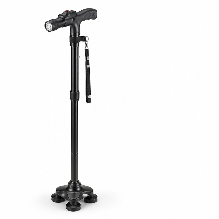 Lichte opvouwbare aluminium wandelstok met 4-puntsvoet, LED-licht en alarm