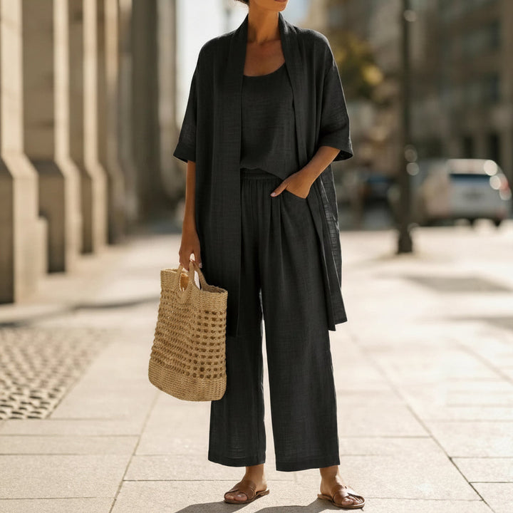 Three-piece Suit Women's Mid-length Cardigan Tank Top And Straight-leg With Pockets Fashion Trousers Set