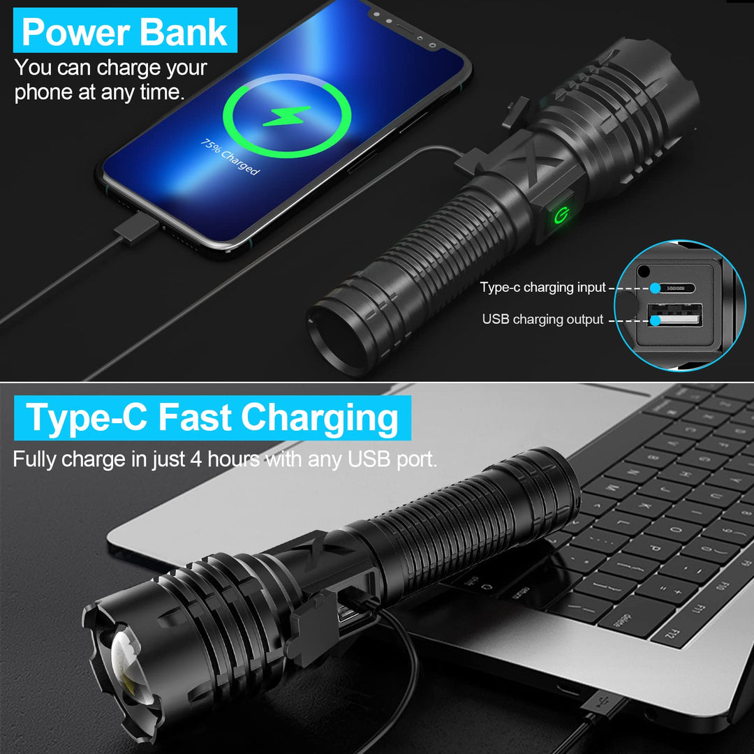 Banral 100000 lumen oplaadbare zaklamp, IPX6 waterdicht, 5 standen, zoombaar, aluminium