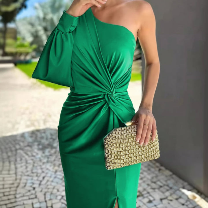 Women's Diagonal Shoulder Knot Split Solid Color Slim Fit Dress