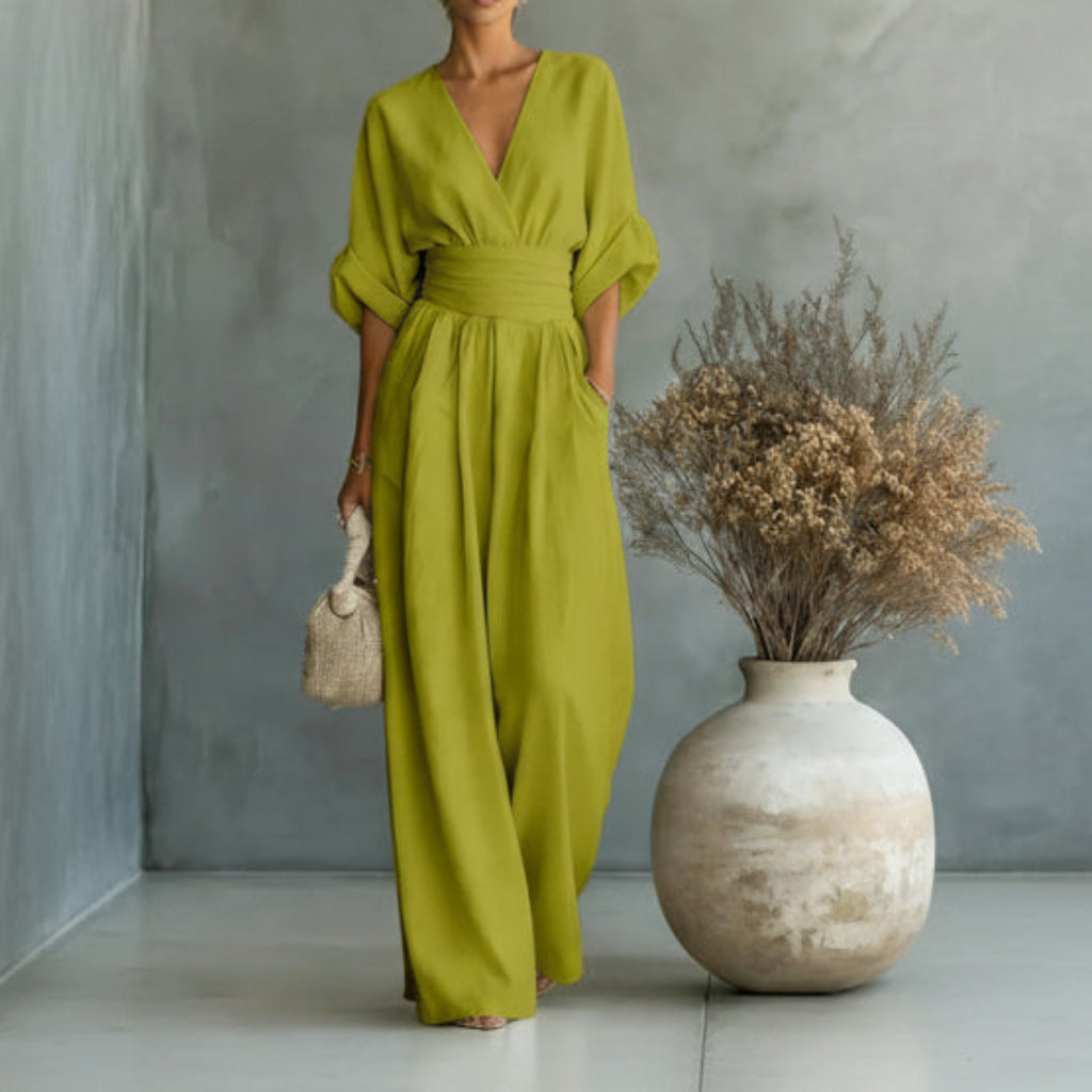 Summer Short-sleeved Jumpsuit Fashion Casual V-Neck Wide-Leg Pants Womens Clothing