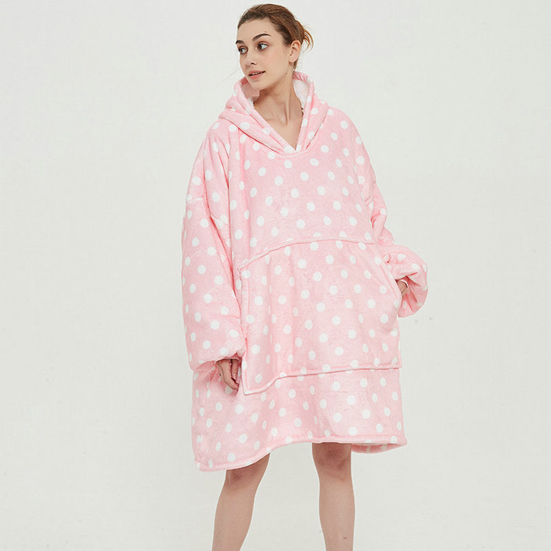 Draagbare deken hoodie met vrolijke print, dubbellaags flanel