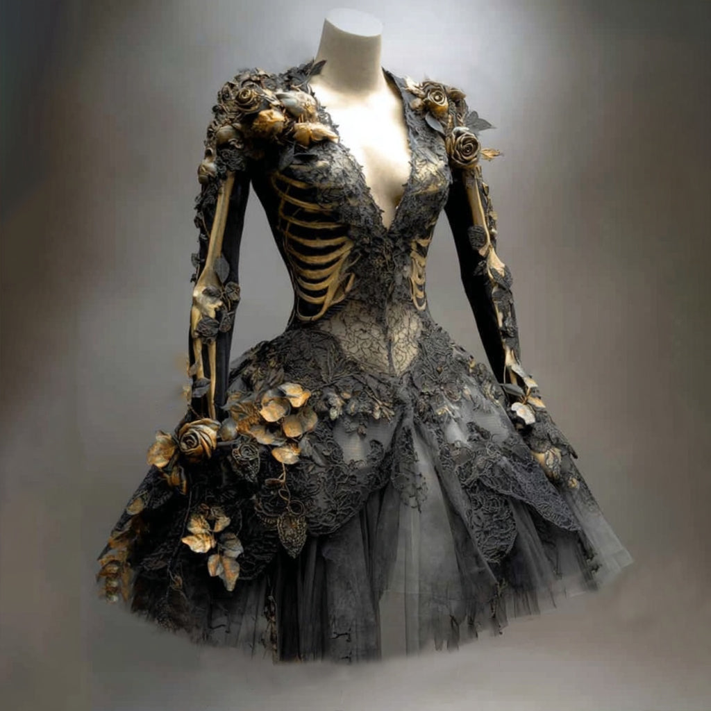Gothic skeletjurk voor dames met lange mouwen, mini, voor Halloween