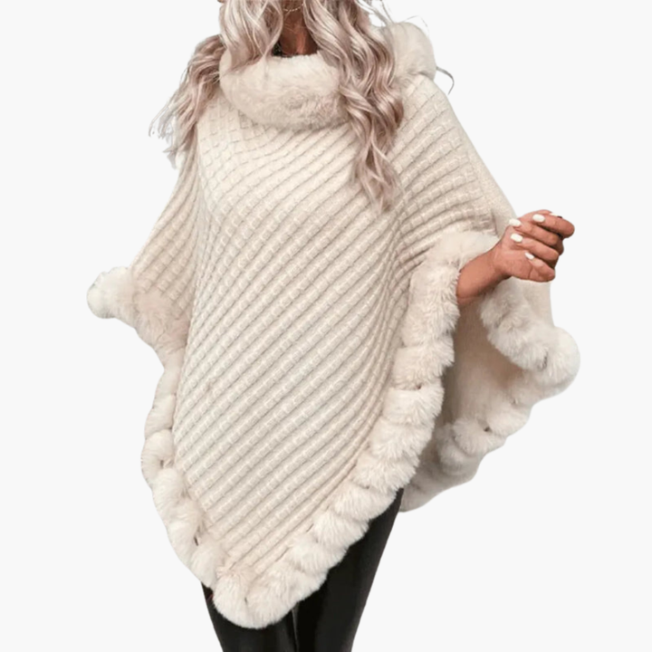 Vrouwen Gebreide Poncho met Nepbont Afwerking en Oversized Pasvorm