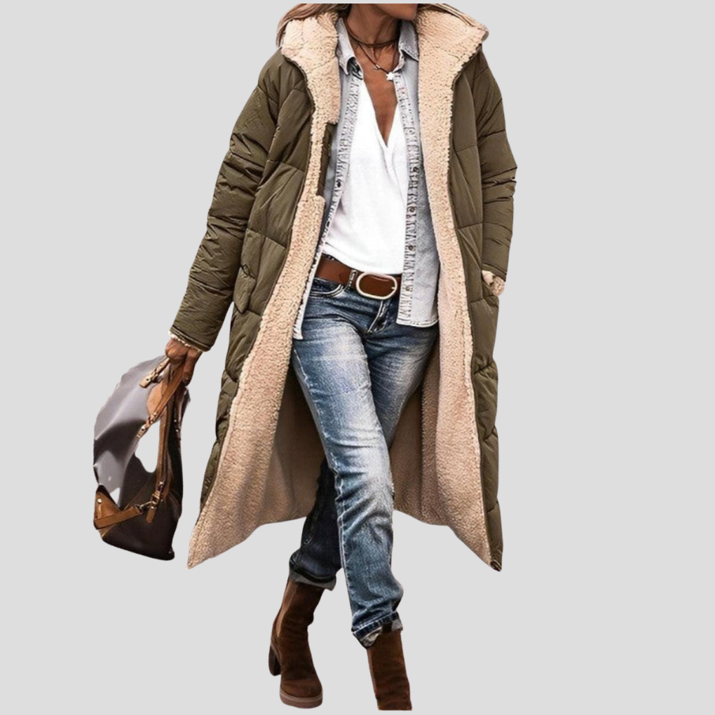 Lange omkeerbare winterjas voor dames - capuchon met teddyvoering