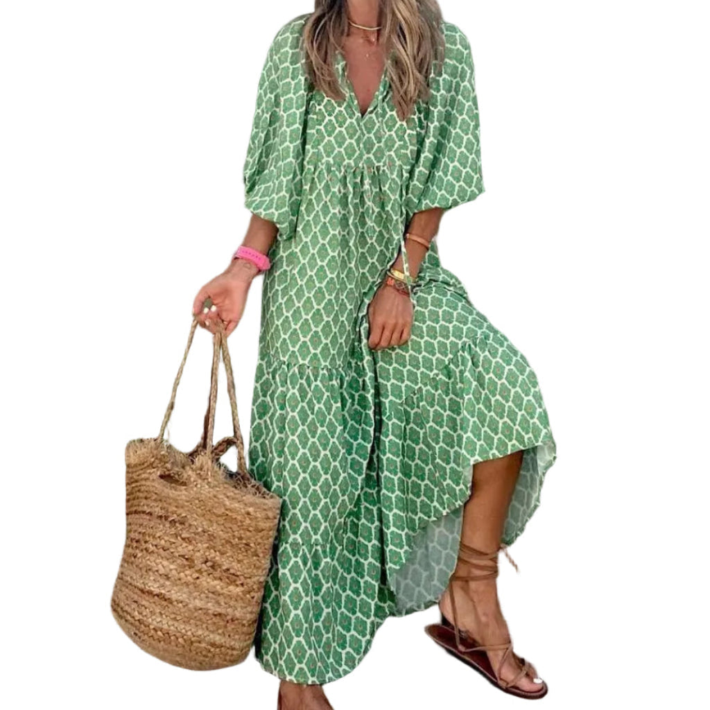 Summer Women's Vintage Printed Bohemian Dress Elegant Ladies Casual Loose V-Neck Short Sleeve Long Dresses