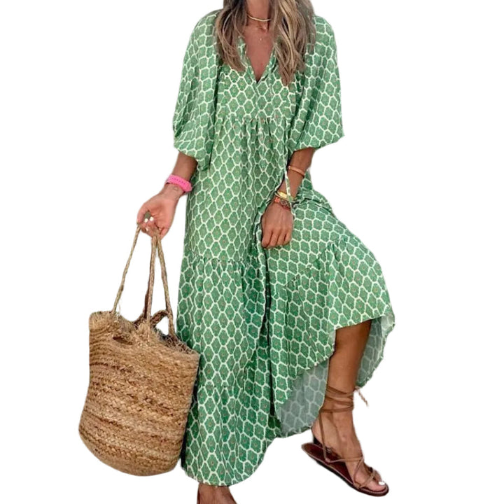 Summer Women's Vintage Printed Bohemian Dress Elegant Ladies Casual Loose V-Neck Short Sleeve Long Dresses