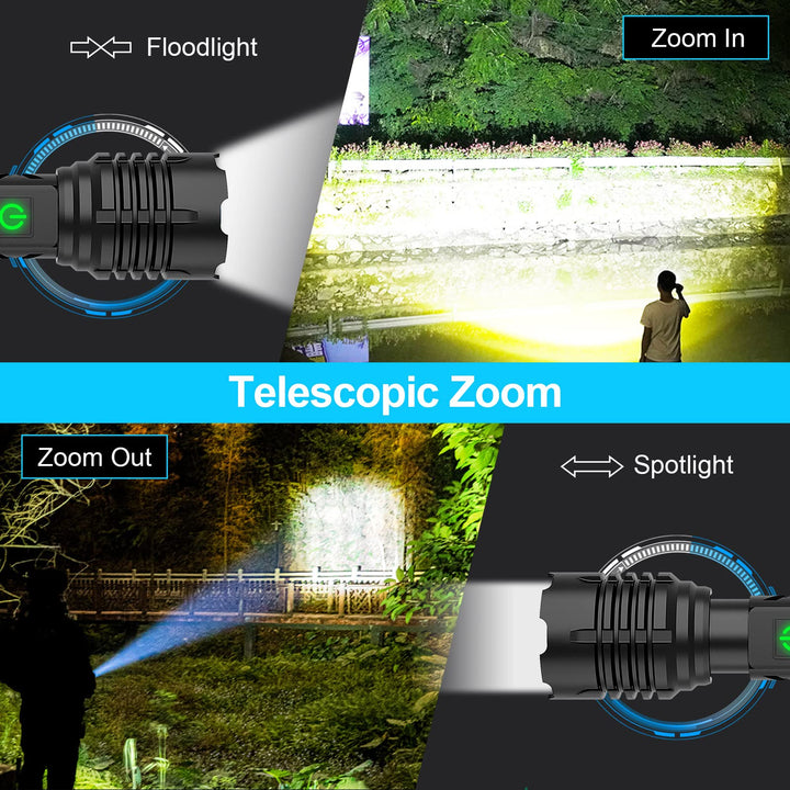 Banral 100000 lumen oplaadbare zaklamp, IPX6 waterdicht, 5 standen, zoombaar, aluminium